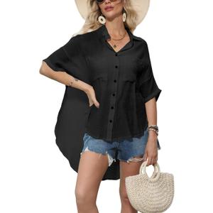Kumufenc Womens Swimsuit Cover Up Summer Bathing Suit Coverup Gauze Button Down Short Sleeve Shirts (Black, L)