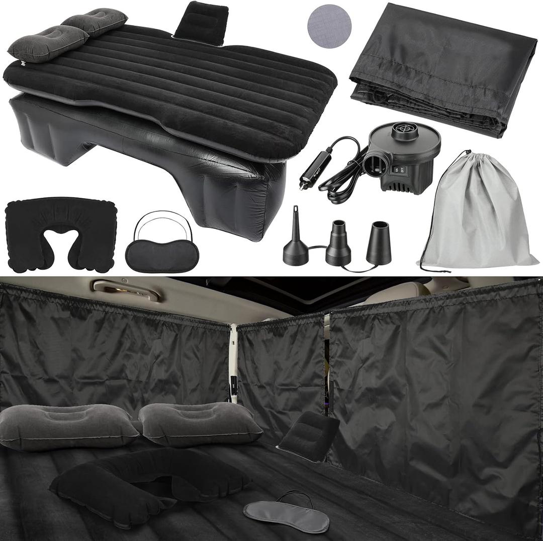 Tallew 12 Pcs Car Air Mattress Back Seat Inflatable Bed, 52 x 31.8 in Thickened PVC Flocking Leak Resistant Air Bed for SUV Truck Car Camping with Window Shade Curtain Portable Travel Sleeping Set