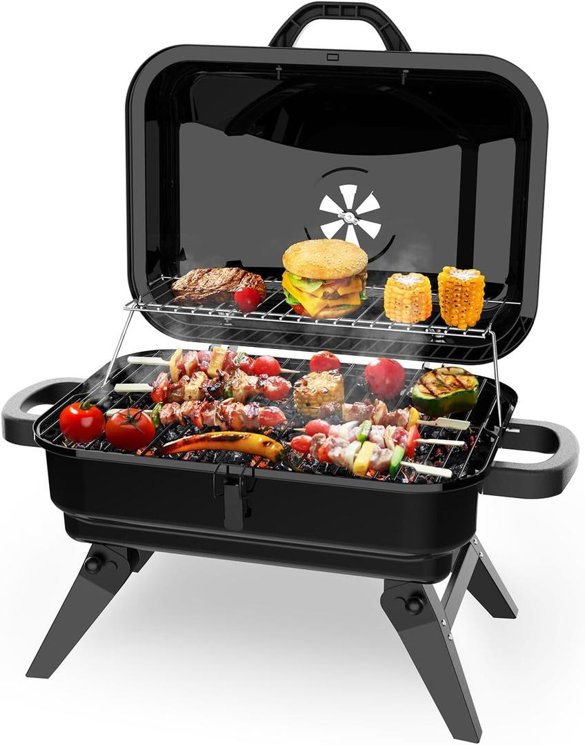 Portable Charcoal Grill with Warming Rack, Small Tabletop Barbecue Grill, Foldable Legs, Adjustable Vent, Total 343 Sq. In.Cooking Space, Outdoor BBQ Grill for Camping and Picnics (Black)