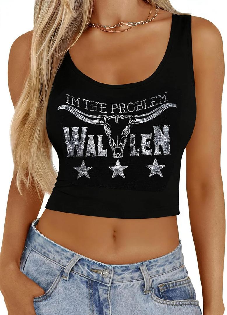 Country Music Tank Top Sparkly Cowgirl Graphic Shirts I'm The Problem Tee Country Music Crop Tops Western Music Fans Outfit XS