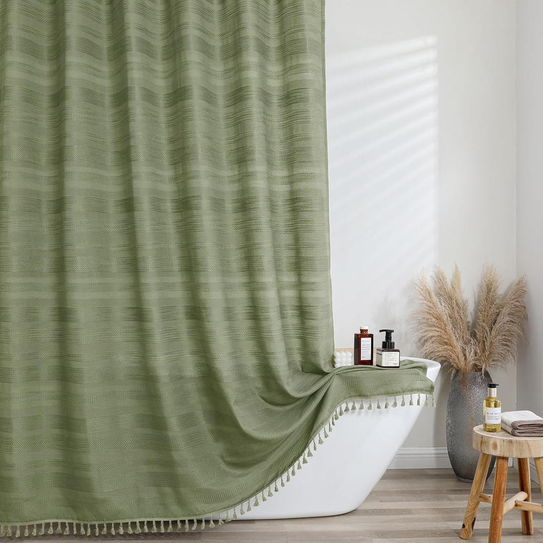 OVZME Sage Green Shower Curtain 78 Inch Long, Boho Thick Linen Textured Shower Curtain with Tassel, Farmhouse Minimalist Striped Weighted Machine Washable Bathroom Decor, 72Wx78L Inches