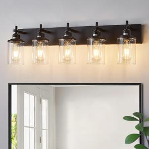5-Light Black Bathroom Light Fixture Over Mirror Modern Farmhouse Bathroom Vanity Light Vintage Wall Lighting with Clear Glass Shade for Bathroom, Bedroom, Hallway, Cabinet