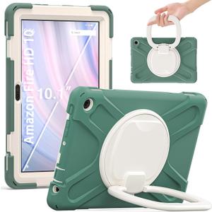 Lunivop Case Compatible with Amazon Fire HD 10 Tablet Case (13th Gen 2023 Release) 10.1 Inch 360 Rotating Stand/Shoulder Strap with Built-in Screen Protector Heavy Duty Cover Green