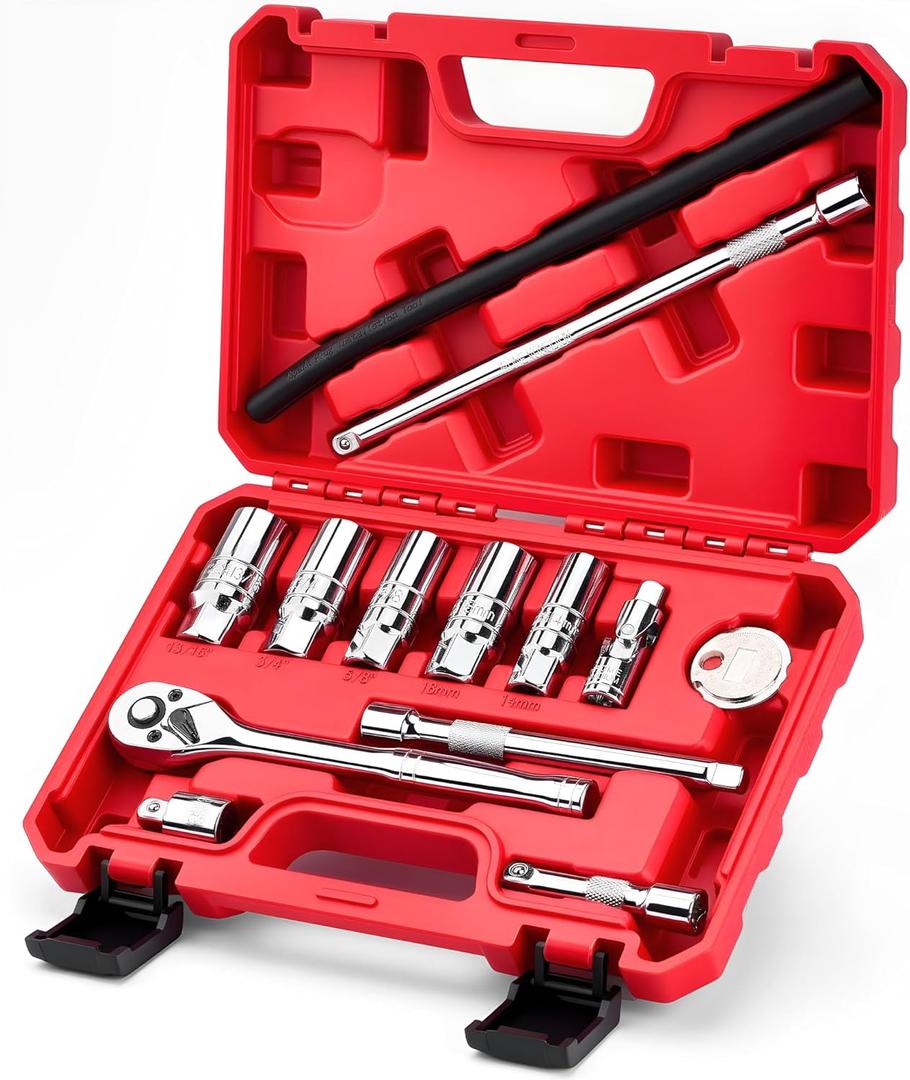 13pc 3/8" Spark Plug Socket Set with Installation Tube, 3/8" Drive Ratchet Wrench,3 Extension Bars(3",6",10")Spark Plug Socket Sets, Gap Tool, U Joint,1/2" to 3/8" Adapter (13pcs)