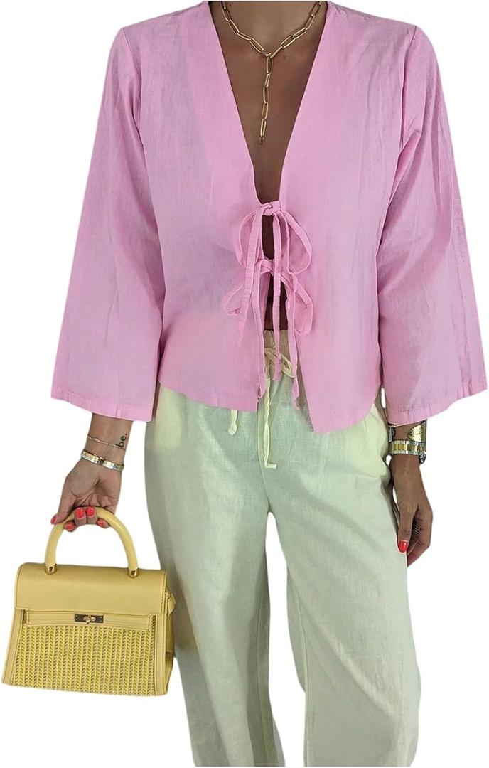 GORGLITTER Women's Plus Size Tie Front Tops Y2K Long Sleeve V Neck Going Out Coquette Blouses (Pink, XXL)