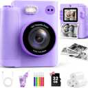 Kids Instant Print Camera - 1080P HD Toddler Digital Camera for 3 4 5 6 7 8 9 10 Year Old Girls Boys, Christmas Birthday Gift with 32GB SD Card, Selfie Mode, Portable Travel Toy, Fun Filters- Purple