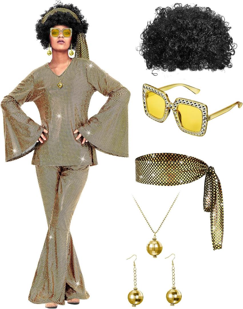 Jexine Halloween 70s Women Disco Costume Set Disco Party Top Pants Sunglasses Ball Necklace Earring Wig (3X-Large, Gold)