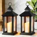 JOIONE Lanterns Decorative Indoor, 2 Packs 14" Battery-Powered Waterproof Black LED Candle Lanterns with Timer for Patio & Outdoor, Vintage Hanging Lantern for Home Decorations, Transparent