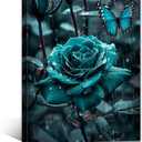 Rose Wall Art Framed Teal Rose Painting Turquoise Blue Flower Prints Butterfly Picture for Kitchen Decor (Floral - 2,16x24 inch, 40x60cm)