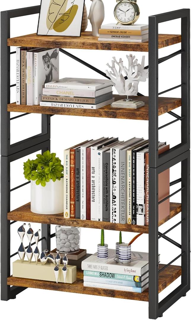 Homeiju Bookshelf, Dorm Desk Hutch, Desk Shelf Organizer, 4 Tier Stackable Bookcase, Adjustable Industrial Book Shelf Storage Organizer for Desktop, Living Room, Bedroom, Office,Rustic Black and Brown (Vintage)