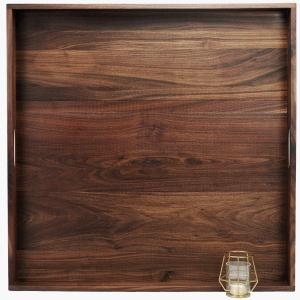 28 x 28 Inches Extra Large Square Black Walnut Wood Ottoman Tray with Handles, Serve Tea, Coffee Classic Wooden Decorative Serving Tray