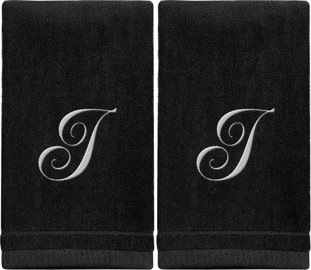 Monogrammed Towels Fingertip, Personalized Gift, 11 x 18 Inches - Set of 2 White Embroidered Towel - Extra Absorbent 100% Cotton - Soft Velour Finish - For Bathroom/ Kitchen/ Spa - Initial I (Black)