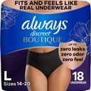 Always Discreet Boutique Incontinence and Postpartum Underwear for Women, Maximum Protection, Large, Sizes 14-20, Black, 18 Count