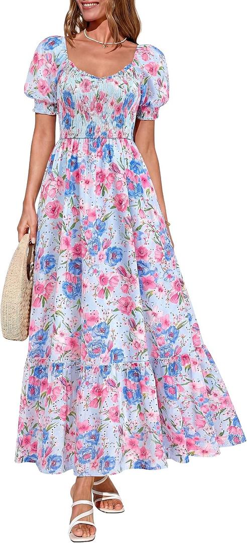 PRETTYGARDEN Women's Floral Boho Maxi Dresses Flowy Short Sleeve A Line Smocked Eyelet 2026 Summer Beach Vacation Clothes