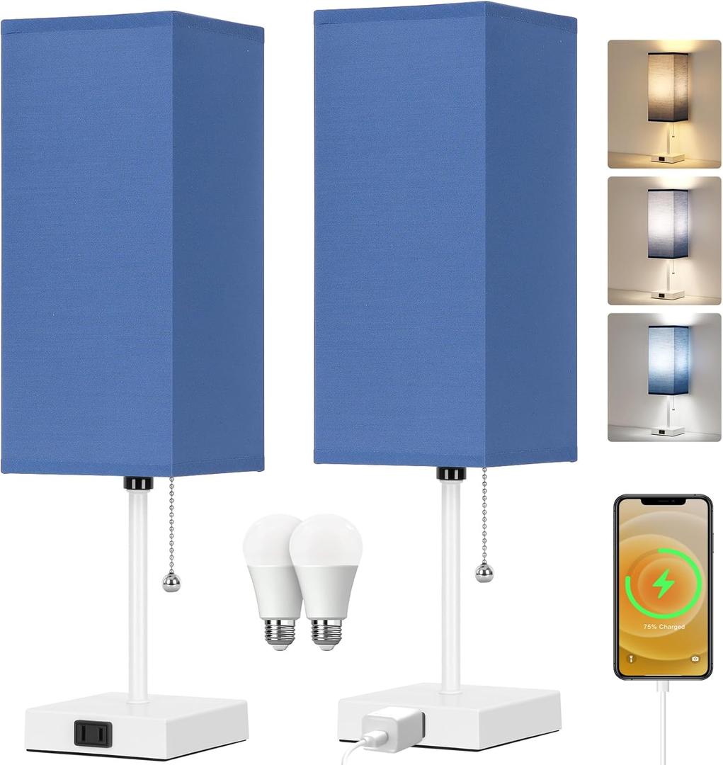 18'' Table Lamp for Bedroom set of 2,3-Color Bedside Lamps with Pull Chain Table Lamps for Night stands ,Small Night Light Lamps with 2 Bulbs Lamps for Living Room Kids Room Office Decor Blue+ White