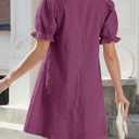 Wenrine Womens Summer Puff Short Sleeve Mini Dress Textured Casual Loose V Neck Ruffle Babydoll Dresses (Purple)