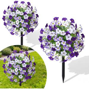 23" Artificial Boxwood Topiary Ball Trees with Petunias Flowers, Set of 2 Faux Outdoor Plants with Ground Spike for Outdoors, UV Resistant Fake Flowers for Outdoor Garden Yard Front Porch Patio Decor