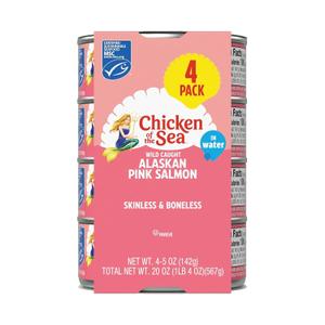 2 x Chicken of the Sea Alaskan Pink Canned Salmon in Water, 5 Ounce Cans, 4-Count High Protein Skinless & Boneless Wild Caught Salmon Delicious Wild Salmon for Burgers, Pasta, & More (EXP 02/14/30)