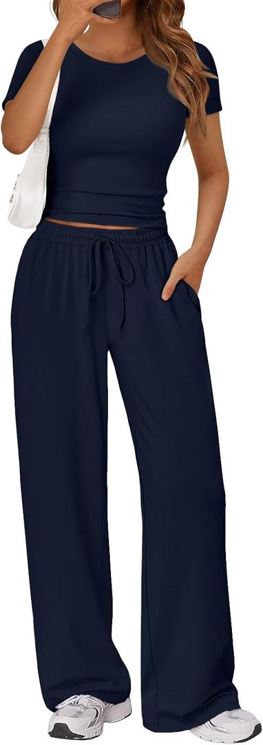 Trendy Queen 2 Piece Matching Summer Lounge Set Womens Side Ruching Top Wide Leg Pants Sets with Pockets L