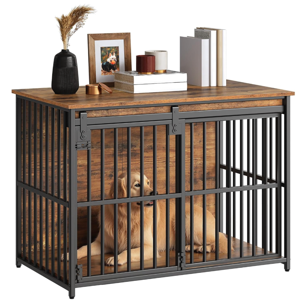 HOOBRO Dog Crate Furniture, 36.6" Heavy Duty Dog Kennel with Sliding Barn Door, Wooden Dog Cage Indoor, Decorative Side End Table for Small/Medium Dogs, Rustic Brown and Black FG162GW03G1