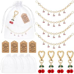 Yuntau 4 Set Cherry Keychain Bulk Party Favor Gifts Accessories Gold Cherry Bag Charm Double Buckle Keychain Wallet Chain Present with Thank You Tags Organza for Guests Women Handbag Wallet Purse