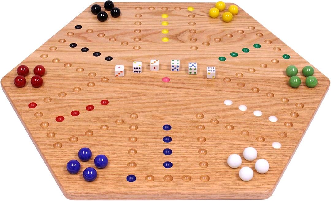 Wahoo Wooden Marble Game Board Set - Large 24" Wide - Solid Oak Wood - Double-Sided - with Large 22mm Marbles and Dice Included