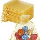 HRX Package 100pcs Little Gold Organza Bags 3 x 4 inch, Mesh Jewelry Pouches Drawstring Empty Sachets for Bracelets Candy Small Gift