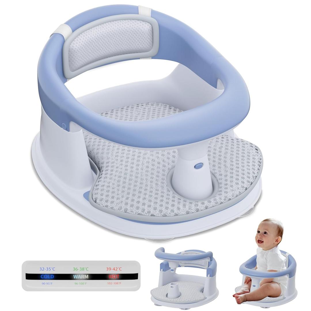 Baby Bath Seat-for Babies 6 Months & up with Temperature Alert+Soft Cushion+Suction,Toddler Bath Seat for Baby, Sitting Up with Baby Bathtub Seat, Blue