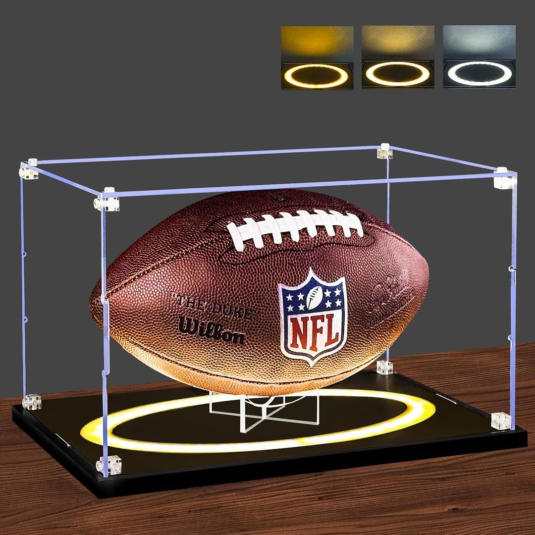 Football Display Case with Light, Full Size Acrylic Box with Removable Built-in Ball Display Stand, UV Protected Clear Case for Football Fans & Collectors, Sports Collectibles