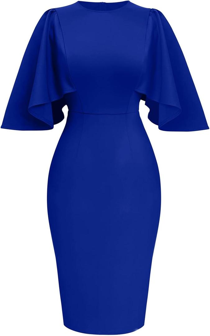 Memoriesea Women's Ruffle Flared Sleeve Bodycon Pencil Formal Cocktail Midi Dress (Medium, Royal Blue)