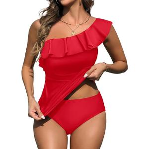Yonique Women's Two Piece Swimsuits One Shoulder Tankini Tummy Control Bathing Suits Ruffle Swimwear.Medium.  Chili Red