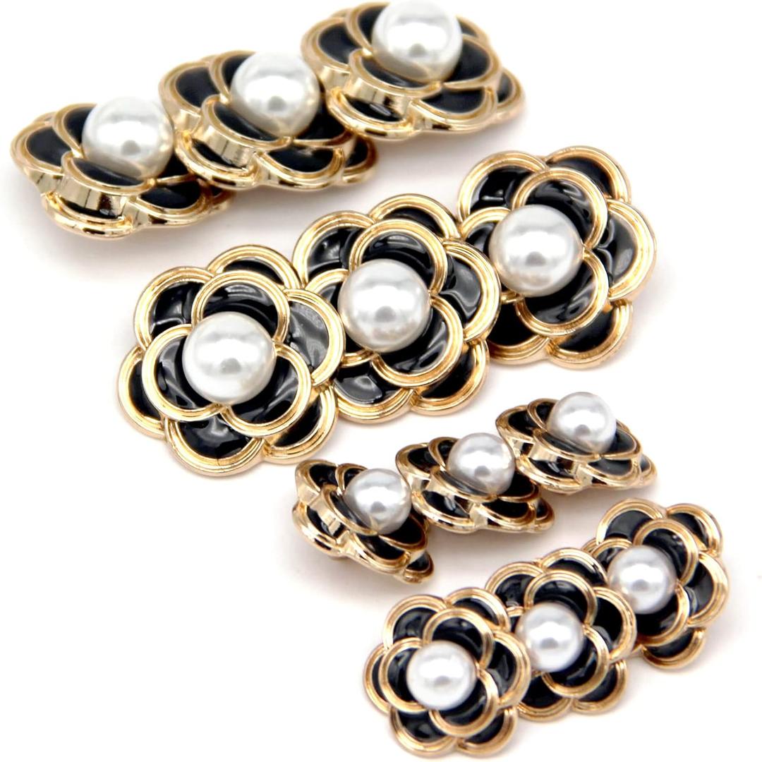 18/25mm Retro Black Flower Metal Buttons, White Pearl Jewelry Decorations for Clothes, Women Coat, Blazer, Suit, Wedding Dress, DIY Crafts, Sewing Accessories(6pcs 18mm/ 6pcs 25mm)