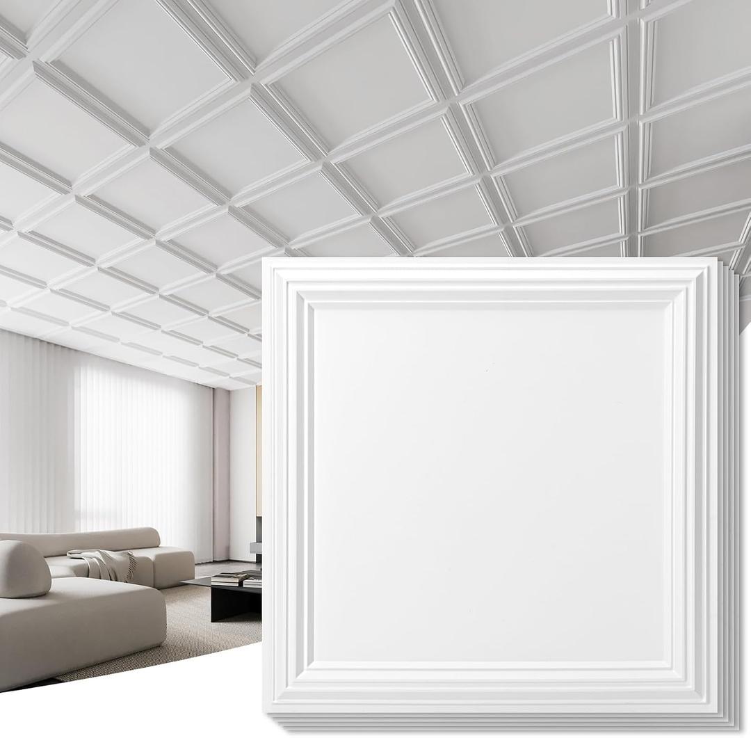 Art3d 24-Pack Drop Relief Ceiling Tiles for Home, Office & Commercial Space, 24 x 24in PVC Waterproof 3D Wall Panels Cover 96 Sq. Ft, White, 24pcs 24x24 In.
