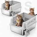 FURTIME 2 Pack Stainless Steel Cat Litter Box with Lid, Metal Kitty Litter Box for Small Cats, Kitten Litter Boxs with Non-Sticky, Anti-Leakage, Easy to Clean, 17"x13"x8.4" (Small) (Silver)