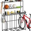 4 Bike Stand, Bike Rack Garage with 3-Tier Storage Rack, Bicycle Stand for Garage Organizer, Indoor Sporting Gear Storage Station for Mountain/Road/Hybrid & Fat Tire Bike, Patent Pending