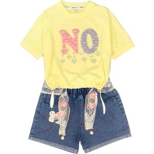 Peacolate 4-10Years Summer Little&Big Girls 2pcs Clothing Set Short Sleeve T Shirt and Denim Shorts (Yellow)