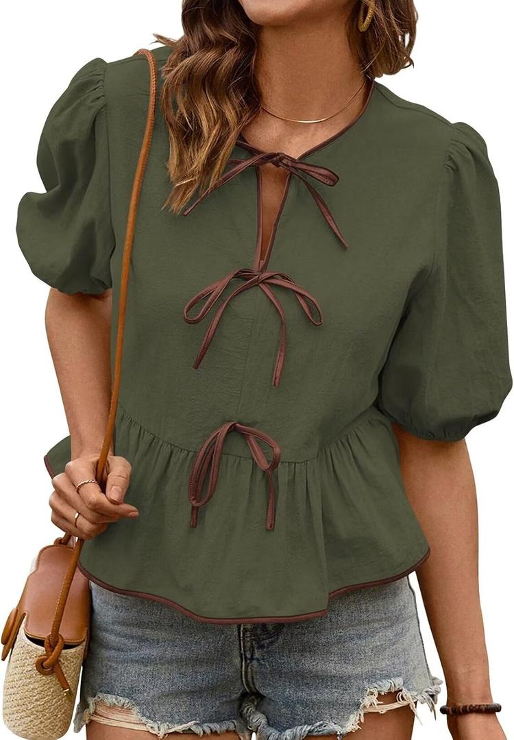 Falechay Womens Summer Tops Bowknot Puff Short Sleeve Blouses Dressy Casual Cute Babydoll Flowy Peplum Shirt for Women (Green, M)