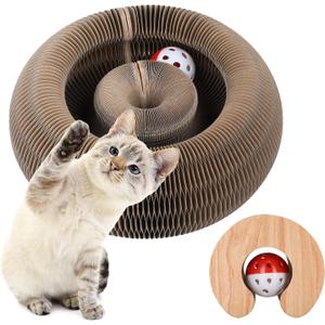 FluffyDream Magic Organ Cat Scratching Board, Interactive Scratch Pad with a Ball, Cat Scratcher for Grinding Claw, Recyclable and Durable, Furniture Protector, Retractable, Brown, Reversible