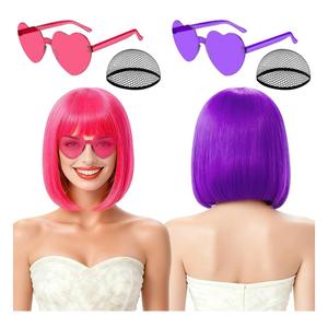 2 Pack Colored Bob Wigs and Heart Sunglasses Set, Purple Hot Pink Short Straight Bob Wig with Bangs Neon Party Colorful Synthetic Hair for Women Men Halloween Costume Bachelorette Party Favors