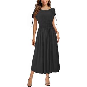 Newshows Womens 2025 Summer Drawstring Cap Sleeve Boat Neck Smocked Casual Vacation Outfits Vestidos Midi Dress (Black, S)