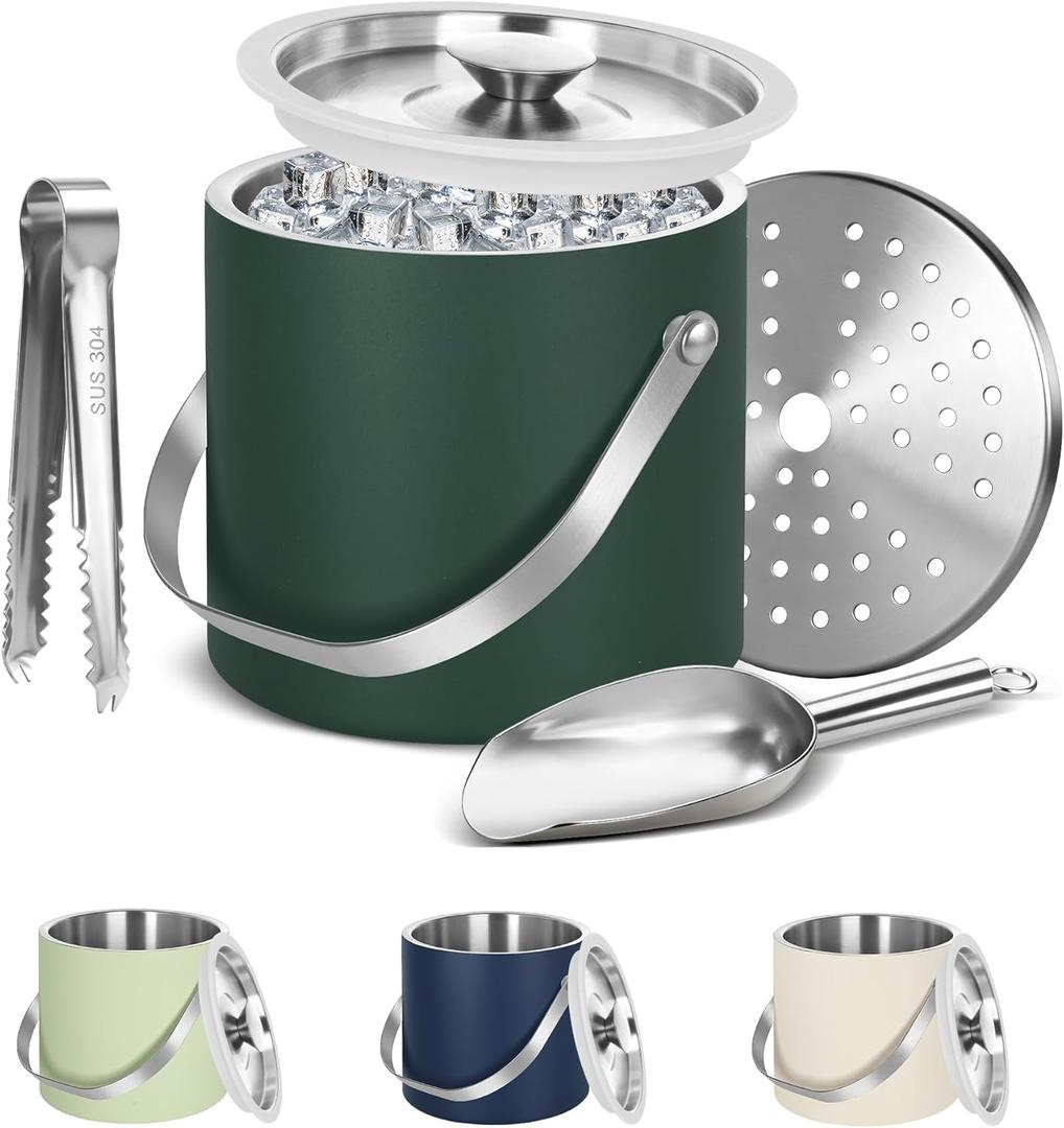 Ice Bucket, Ice Bucket with Silicone Sealing Ring, Double-Wall Vacuum Insulation, Champagne Buckets with Filter Layer, Ice Tongs Ice Scoop (Grey Green, 3 L)