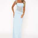 Women Sexy Lace Patchwork Maxi Dress Spaghetti Straps Y2K Sheer Long Bodycon Club Cocktail Long Dresses (Blue, L)
