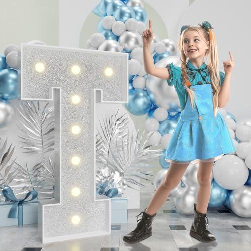 imprsv Marquee Letters Silver 3FT: Silver Party Decor - Light Up Letter T Large 3 Feet Tall - Party Decorations Letter for Birthday Wedding Proposal Events