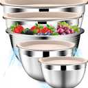 DUTZUN Stainles Steel Mixing Bowls with Lids Set, Stackable Metal Mixing & Serving Bowl with Strainer, 5-Piece - Beige