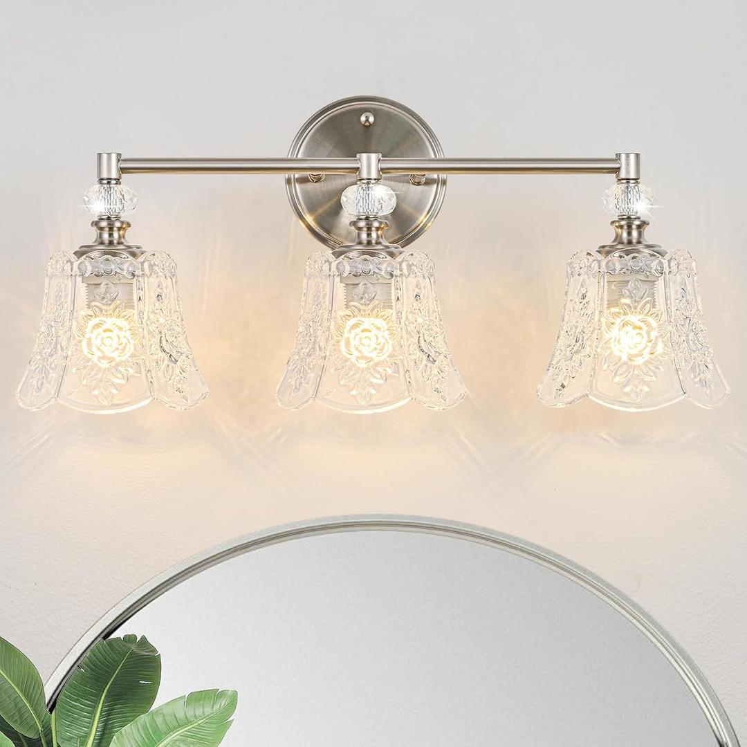 Brushed Nickel Bathroom Vanity Light Fixture, 3-Light with Rose Pattern Crystal Glass Shade