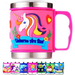 F-32 12 Oz Kids Stainless Steel Unicorn Pink 3D Mug with 2 Pack Slider Closure Lids - Eco-Friendly - BPA Free Signature Collection (Unicorn Pink)
