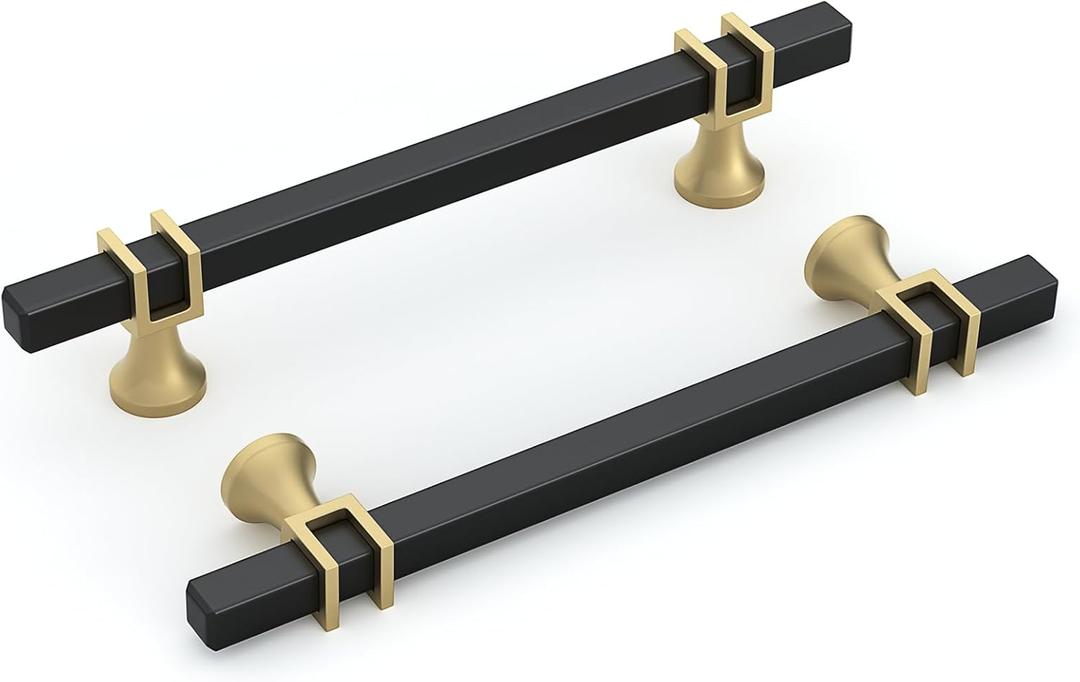 goldenwarm 10 Pack 5 Inch Black and Gold Cabinet Handles Square Drawer Pullls Hardware for Dresser Drawer (5in hole center)
