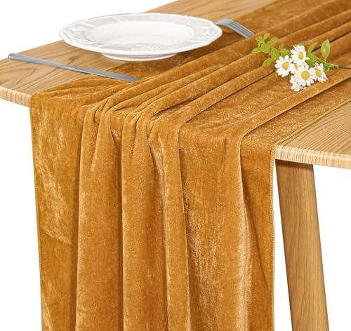 JALANCY Velvet Table Runner 20 x 120 Inches 10ft Luxurious Thick Soft Velvet Christmas Thanksgiving Wedding Reception Table Runner for Party Reception Decorations(Gold, 1 Pack)