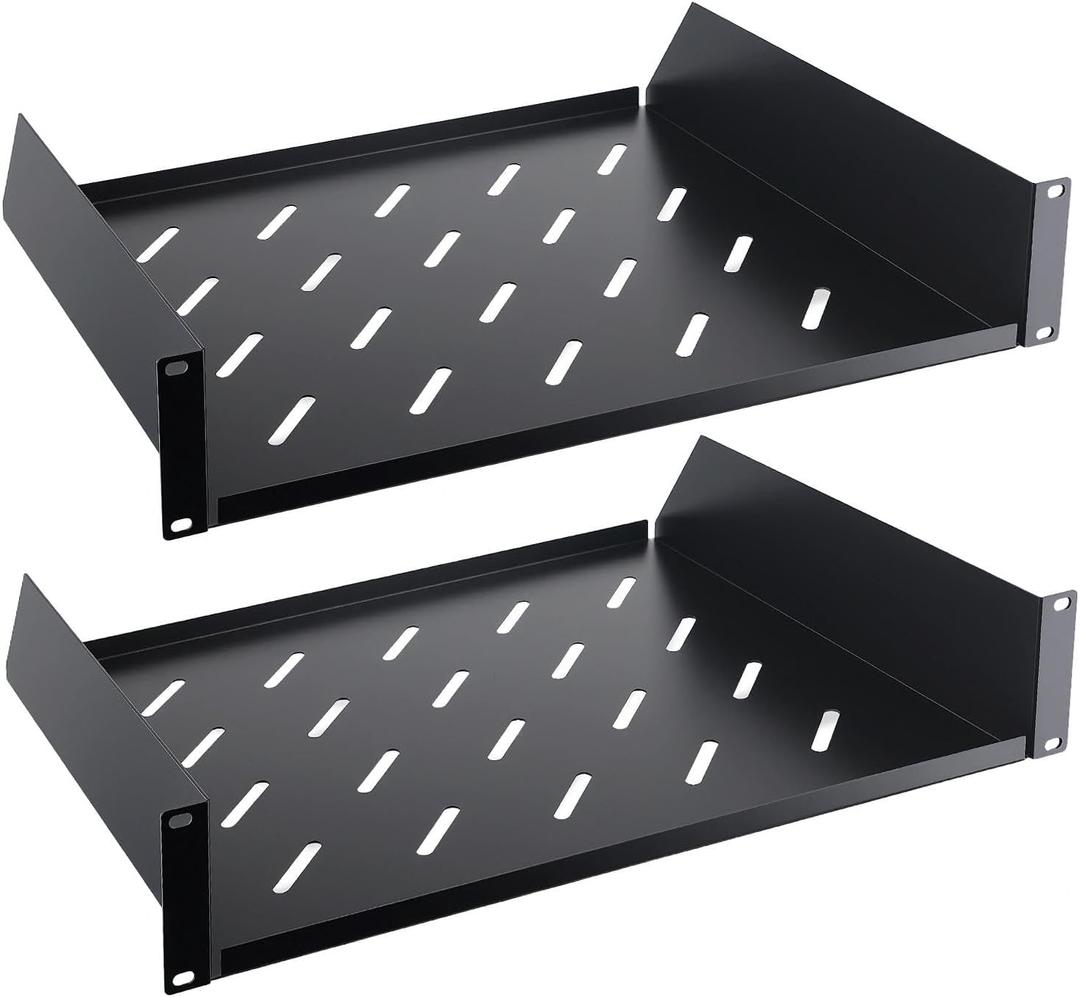 2U Server Rack Shelf, 14" Mounting Depth, Vented Rack Mount Shelf Cantilever Tray for 19" Equipment Racks and Cabinet, Weight Capacity 50lb, Black, 2PCS
