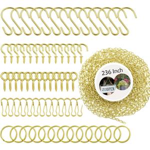 236 Inch Gold Hanging Baskets Chains - Adjustable Length, Brass Decorative Metal Chain with A Great Assortment of Hooks for Hanging Bird Feeders Planters Baskets Billboards Ornaments, Chain Hooks DIY